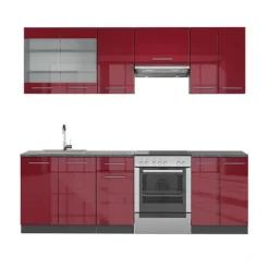 Monteringsfärdiga Kök & Pentryn-Fame-Line kök, 240 cm, PT antracit, Bordeaux högblank/antracit, Vicco