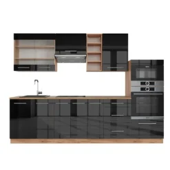Monteringsfärdiga Kök & Pentryn-Fame-Line kök, 280 cm, PT Antracit, Blank antracit/Gyllene ek, Vicco