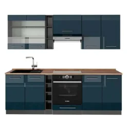 Monteringsfärdiga Kök & Pentryn-Fame-Line kök, 235 cm, PT Ek, Blank mörkblå/Antracit, Vicco