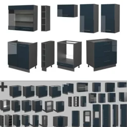 Monteringsfärdiga Kök & Pentryn-Fame-Line kök, 235 cm, PT Ek, Blank mörkblå/Antracit, Vicco