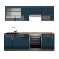 Monteringsfärdiga Kök & Pentryn-Fame-Line kök, 240 cm, PT Ek, Blank mörkblå/Antracit, Vicco