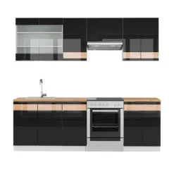 Monteringsfärdiga Kök & Pentryn-Fame-Line kök, 240 cm, PT Ek, Blank svart ek/guld ek, Vicco