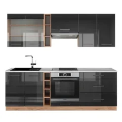 Monteringsfärdiga Kök & Pentryn-Fame-Line kök, 235 cm, PT Marble, Blank antracit/Gyllene ek, Vicco