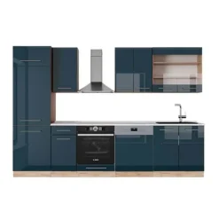 Monteringsfärdiga Kök & Pentryn-Fame-Line kök, 300 cm, PT Marble, blank mörkblå/guld ek, Vicco