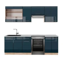 Fame-Line kök, 240 cm, PT Marble, blank mörkblå/guld ek, Vicco