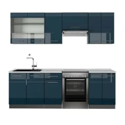 Monteringsfärdiga Kök & Pentryn-Fame-Line kök, 240 cm, PT Marble, Blank mörkblå/Antracit, Vicco