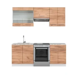 Monteringsfärdiga Kök & Pentryn-Fame-Line kök, 200 cm, PT Marmor, Gyllene/vit ek, Vicco