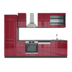 Fame-Line kök, 300 cm utan bänkskiva, Bordeaux högblank/antracit, Vicco