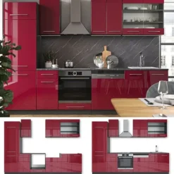 Fame-Line kök, 300 cm utan bänkskiva, Bordeaux högblank/antracit, Vicco