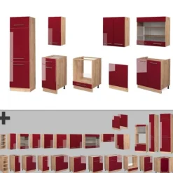 Fame-Line kök, 300 cm utan bänkskiva, blank vinröd/guld ek, Vicco