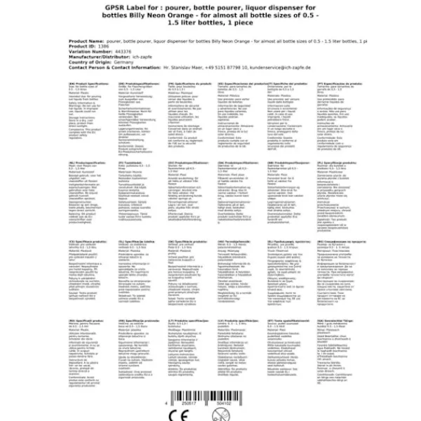 Flaskstopp & Flaskförslutare-Flaskhällare Billy Neon orange, för nästan alla flaskstorlekar från 0,5 - 1,5 liters flaskor, 1 st.