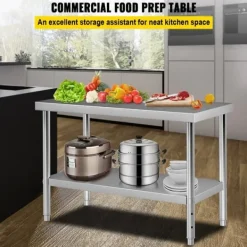 Matuppvärmare-Förberedningsbord i rostfritt stål, 48x24x34 tum, 550 lbs kapacitet, tungt metallbord med justerbar hylla för kök och garage.