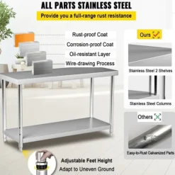 Matuppvärmare-Förberedningsbord i rostfritt stål, 48x24x34 tum, 550 lbs kapacitet, tungt metallbord med justerbar hylla för kök och garage.