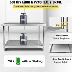 Matuppvärmare-Förberedningsbord i rostfritt stål, 48x24x34 tum, 550 lbs kapacitet, tungt metallbord med justerbar hylla för kök och garage.