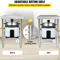 Matuppvärmare-Förberedningsbord i rostfritt stål, 48x24x34 tum, 550 lbs kapacitet, tungt metallbord med justerbar hylla för kök och garage.