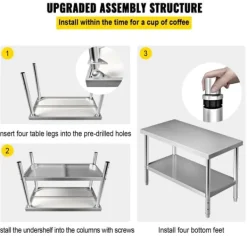 Matuppvärmare-Förberedningsbord i rostfritt stål, 48x24x34 tum, 550 lbs kapacitet, tungt metallbord med justerbar hylla för kök och garage.