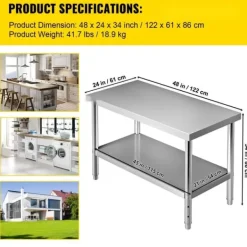 Matuppvärmare-Förberedningsbord i rostfritt stål, 48x24x34 tum, 550 lbs kapacitet, tungt metallbord med justerbar hylla för kök och garage.