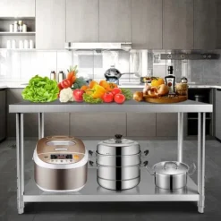 Matuppvärmare-Förberedningsbord i rostfritt stål, 48x24x34 tum, 550 lbs kapacitet, tungt metallbord med justerbar hylla för kök och garage.