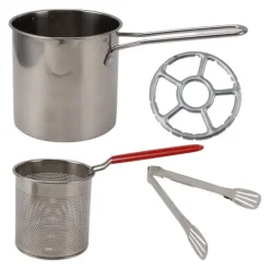 Fritöspanna i rostfritt stål Högtemperaturbeständig oljebesparande Bärbar minimetallfritöspanna med långt handtag 4-delat set