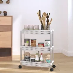 Förvaringslådor för hemmet - Living Förvaringsvagn 3 hyllor silver och vit aluminium