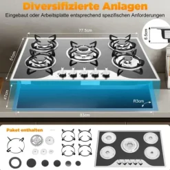 Gashäll - Inbyggnad/Bänkskiva - 5 Brännare - Härdat Glas - Gjutjärnsgaller - Elektronisk Tändning - Gasol/Naturgas