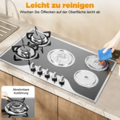 Gashäll - Inbyggnad/Bänkskiva - 5 Brännare - Härdat Glas - Gjutjärnsgaller - Elektronisk Tändning - Gasol/Naturgas