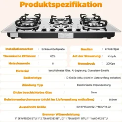 Gashäll - Inbyggnad/Bänkskiva - 5 Brännare - Härdat Glas - Gjutjärnsgaller - Elektronisk Tändning - Gasol/Naturgas