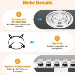 Gashäll - Inbyggnad/Bänkskiva - 5 Brännare - Härdat Glas - Gjutjärnsgaller - Elektronisk Tändning - Gasol/Naturgas