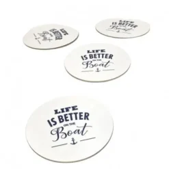 Glasunderlägg 4-pack "On the boat" vit med blå text