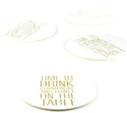Glasunderlägg 4-pack "Time to drink" vit med gulfärgad text