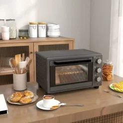 HOMCOM Miniugn 21L 1400W Justerbar Temperatur 100-230°C och Tid 60 min med Bakplåt och Galler i Rostfritt Stål, Grå