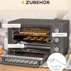 HOMCOM Miniugn 21L 1400W Justerbar Temperatur 100-230°C och Tid 60 min med Bakplåt och Galler i Rostfritt Stål, Grå