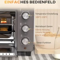 HOMCOM Miniugn 21L 1400W Justerbar Temperatur 100-230°C och Tid 60 min med Bakplåt och Galler i Rostfritt Stål, Grå