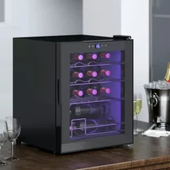 Vinkylar-HOMCOM Vinkyl 16 flaskor – Svart Metall – Pekskärm med LED-ljus och Glasdörr