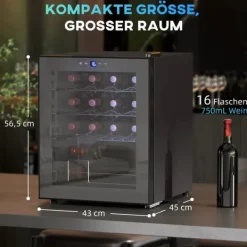 Vinkylar-HOMCOM Vinkyl 16 flaskor – Svart Metall – Pekskärm med LED-ljus och Glasdörr