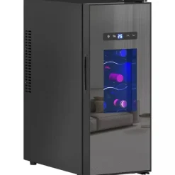 Vinkylar-HOMCOM Vinkyl 12 Flaskor 30L 8-18°C Termoelektrisk Flaskkyl med Glasdörr, Dryckeskyl med LED-lampa, Svart Metall