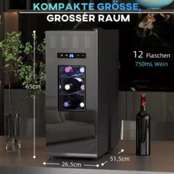 Vinkylar-HOMCOM Vinkyl 12 Flaskor 30L 8-18°C Termoelektrisk Flaskkyl med Glasdörr, Dryckeskyl med LED-lampa, Svart Metall