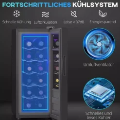 Vinkylar-HOMCOM Vinkyl 12 Flaskor 30L 8-18°C Termoelektrisk Flaskkyl med Glasdörr, Dryckeskyl med LED-lampa, Svart Metall