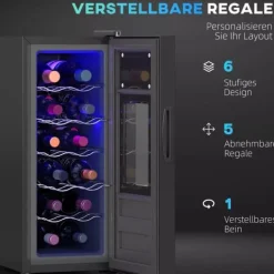 Vinkylar-HOMCOM Vinkyl 12 Flaskor 30L 8-18°C Termoelektrisk Flaskkyl med Glasdörr, Dryckeskyl med LED-lampa, Svart Metall