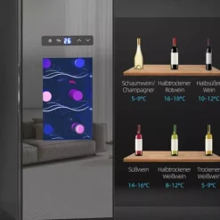 Vinkylar-HOMCOM Vinkyl 12 Flaskor 30L 8-18°C Termoelektrisk Flaskkyl med Glasdörr, Dryckeskyl med LED-lampa, Svart Metall