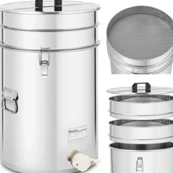 Honungsburkar-Honungssettler med sil, lock och ventil, STÅL, 50 l