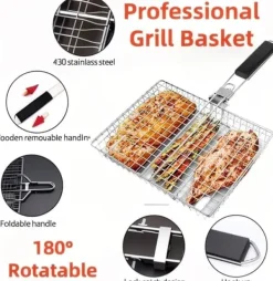 Grillar-Hopfällbar Rostfri Grillkorg med Avtagbart Handtag – Perfekt för Camping och Trädgård