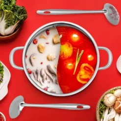 Hot Pot/Fonduegryta - Delad Yin-Yang - 32 cm - 304 Rostfritt Stål - Med Skedar - Militärgrön