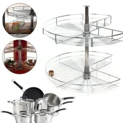 Hörnkarusell för köksskåp - Svängbar Halvcirkelkorg - 270° Rotation - Höjdjusterbar 71 cm - 2 Nivåer - Järn - Silver