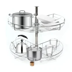 Hörnkarusell för köksskåp - Svängbar Halvcirkelkorg - 270° Rotation - Höjdjusterbar 71 cm - 2 Nivåer - Järn - Silver