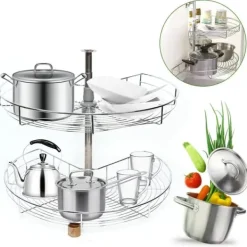 Hörnkarusell för köksskåp - Svängbar Halvcirkelkorg - 270° Rotation - Höjdjusterbar 71 cm - 2 Nivåer - Järn - Silver