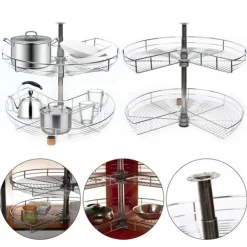 Hörnkarusell för köksskåp - Svängbar Halvcirkelkorg - 270° Rotation - Höjdjusterbar 71 cm - 2 Nivåer - Järn - Silver