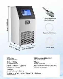 Ismaskiner-IJsblokjesmachine - Commerciële ijsmachine - Productie 45 kg/dag - Opslag 13 kg - Vrijstaand/onderbouw - Roestvrij staal - Zelfreinigend