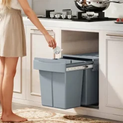 Källsorteringskärl-Inbyggd soptunna för underskåp - Utdragbar dubbel modell - 2x20 L - 2 Avtagbara behållare - Smidigt utdrag - Lock med diamantmönster - Grå