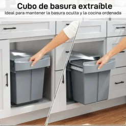 Källsorteringskärl-Inbyggd soptunna för underskåp - Utdragbar dubbel modell - 2x20 L - 2 Avtagbara behållare - Smidigt utdrag - Lock med diamantmönster - Grå